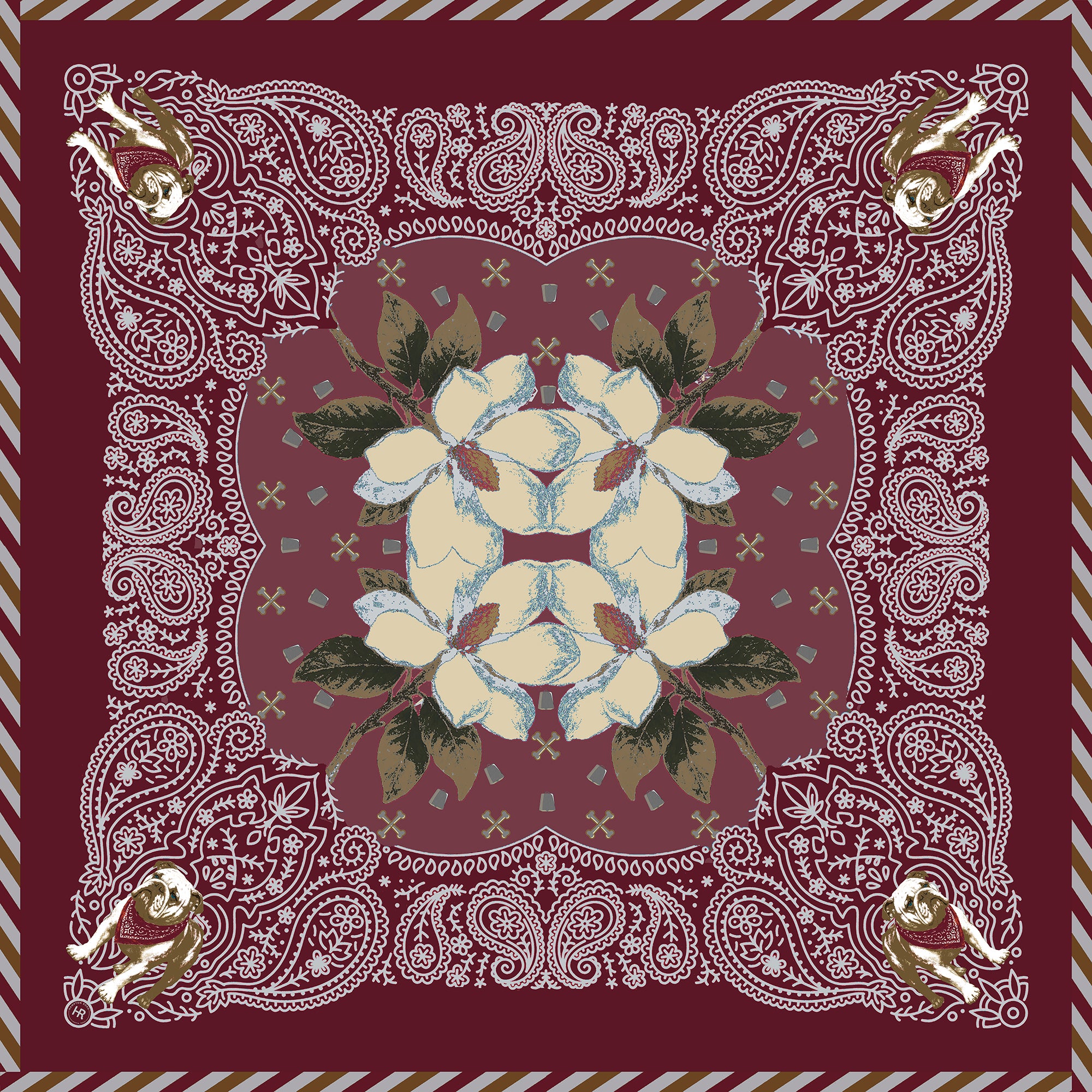 Red bandana with design evoking mississippi state university and intricate border
