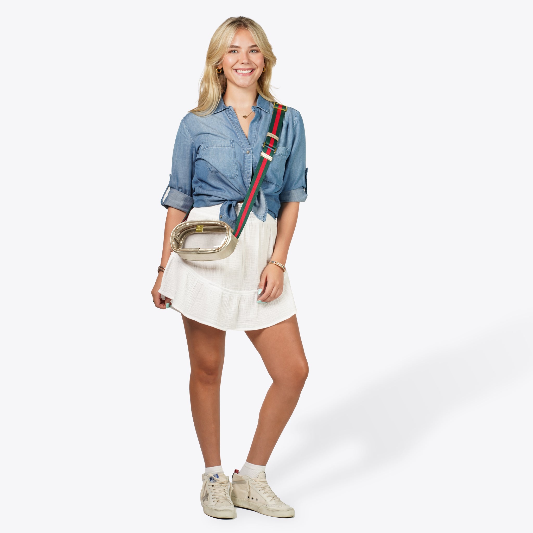 Gold Vinyl Annie + Red and Green Striped Strap Vinyl Annie Bag Hampton Road Designs