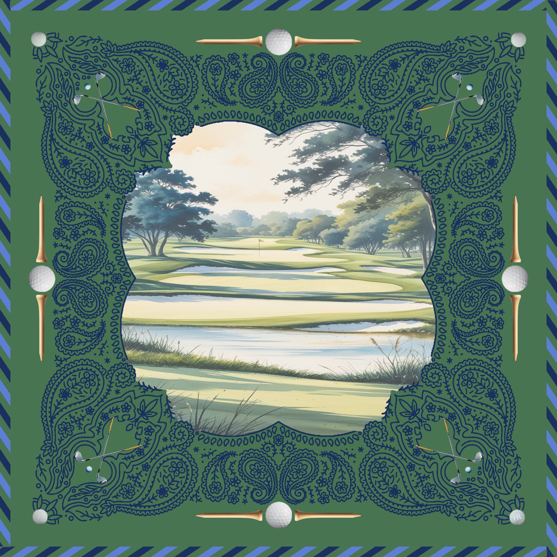 Decorative green border with a golf landscape scene in the center