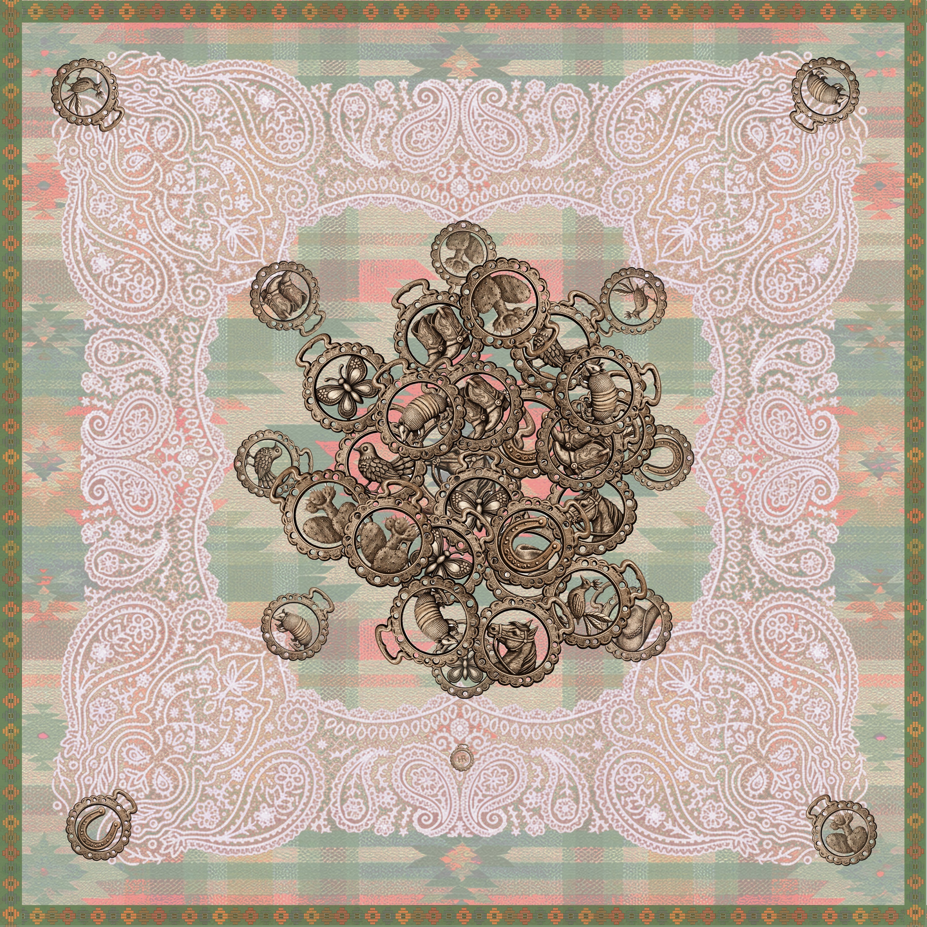 Western themed bandana with navajo rug and western horsebrasses