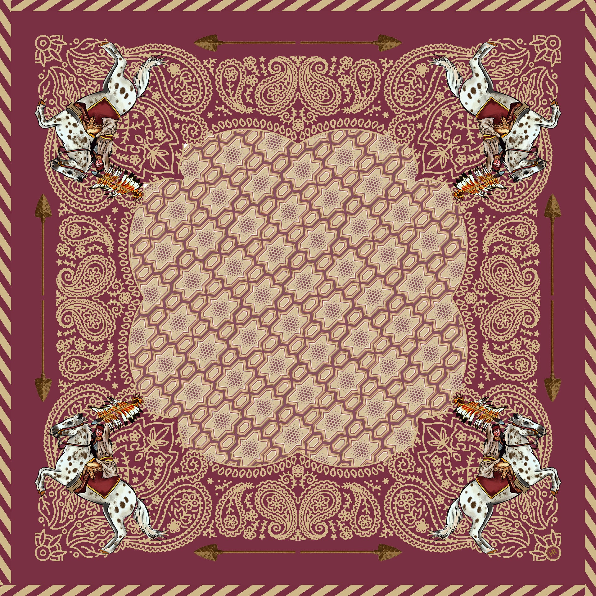 Decorative fabric with patterns evoking florida state university on a red background