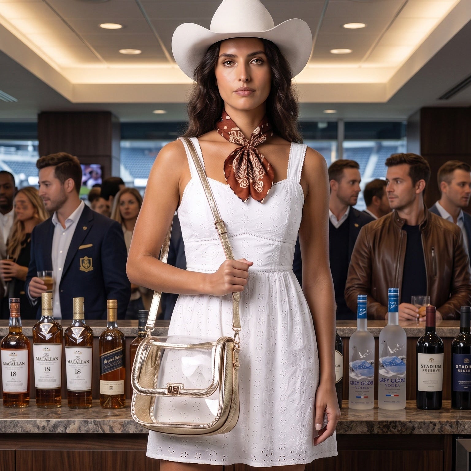 A woman stands in a bar-like interior wearing a white cowboy hat, white sleeveless dress, brown cowboy boots, and a beige crossbody bag with a brown patterned neck scarf. Alcohol bottles are visible on a counter behind her.