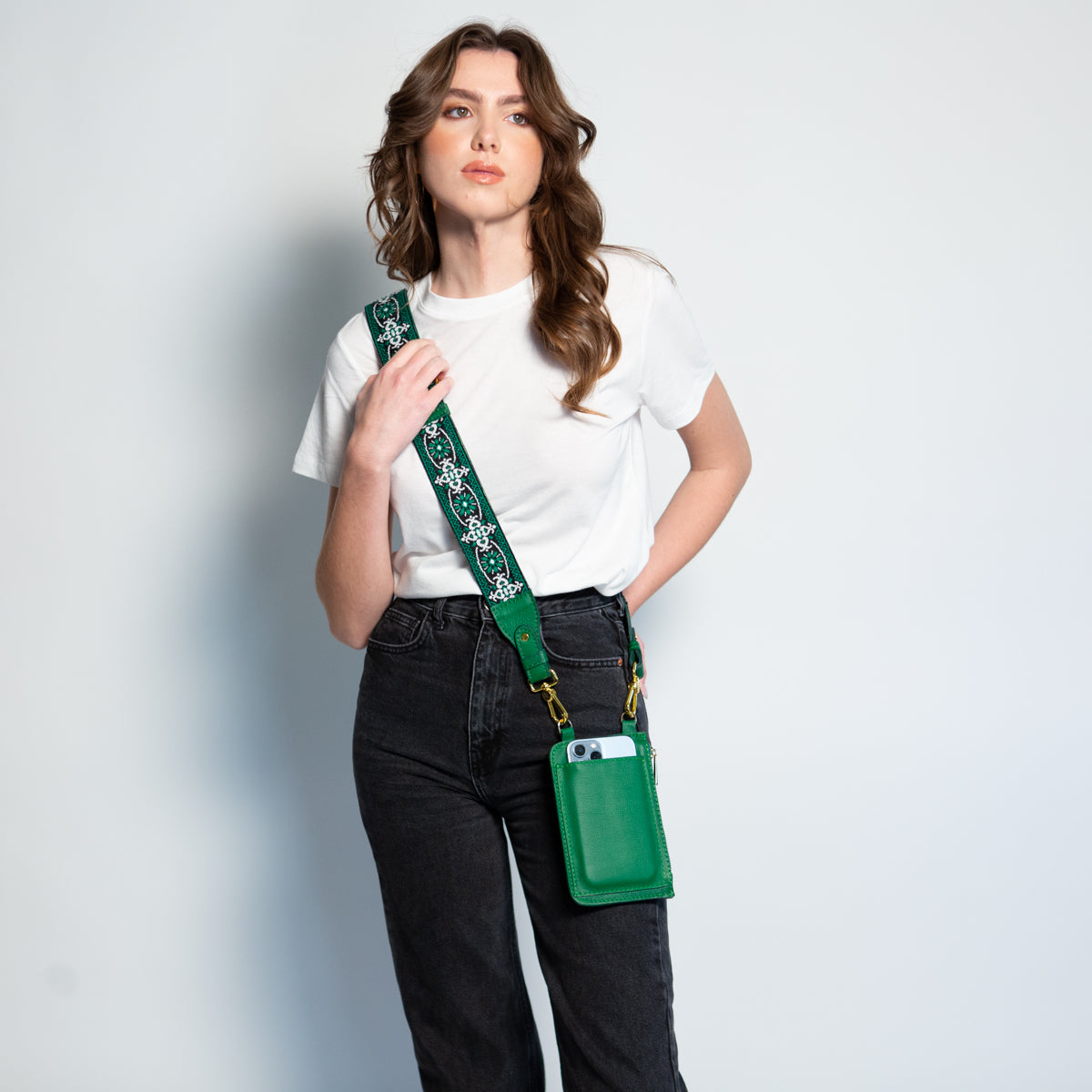 Leather Crossbody Cell Phone Pocket in Green I Hampton Road Designs