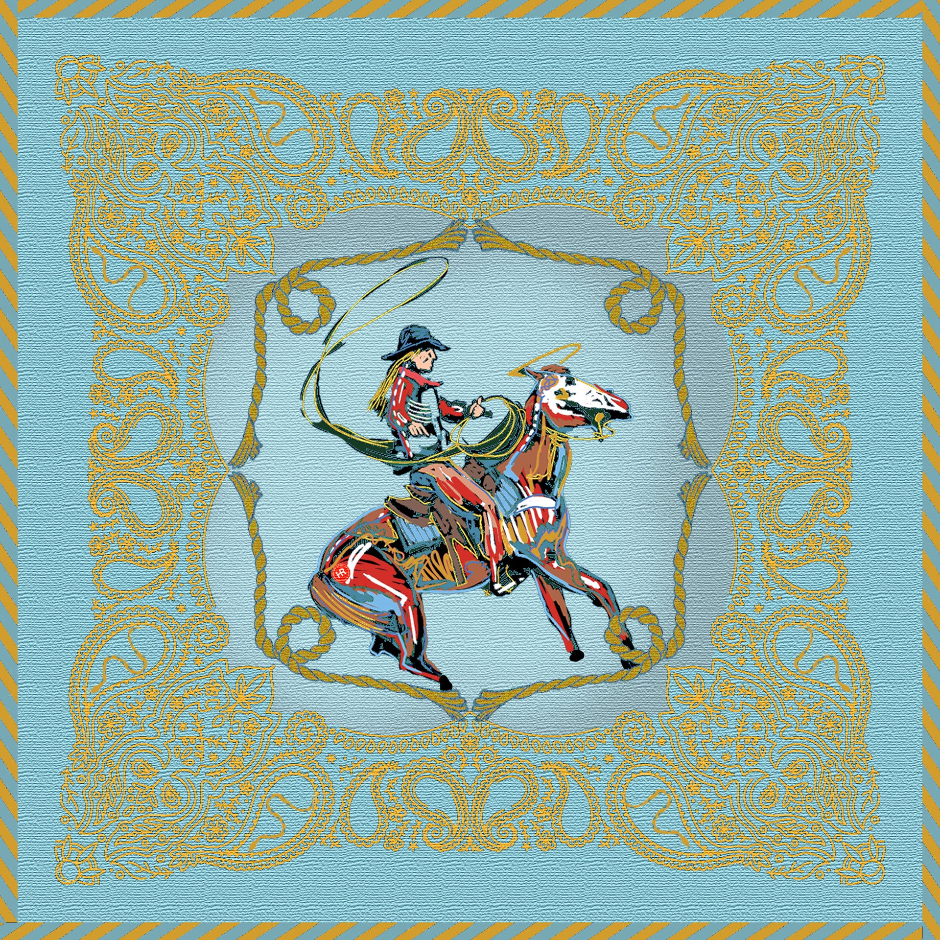 Decorative design with a cowboy on a horse surrounded by intricate patterns on a blue background.