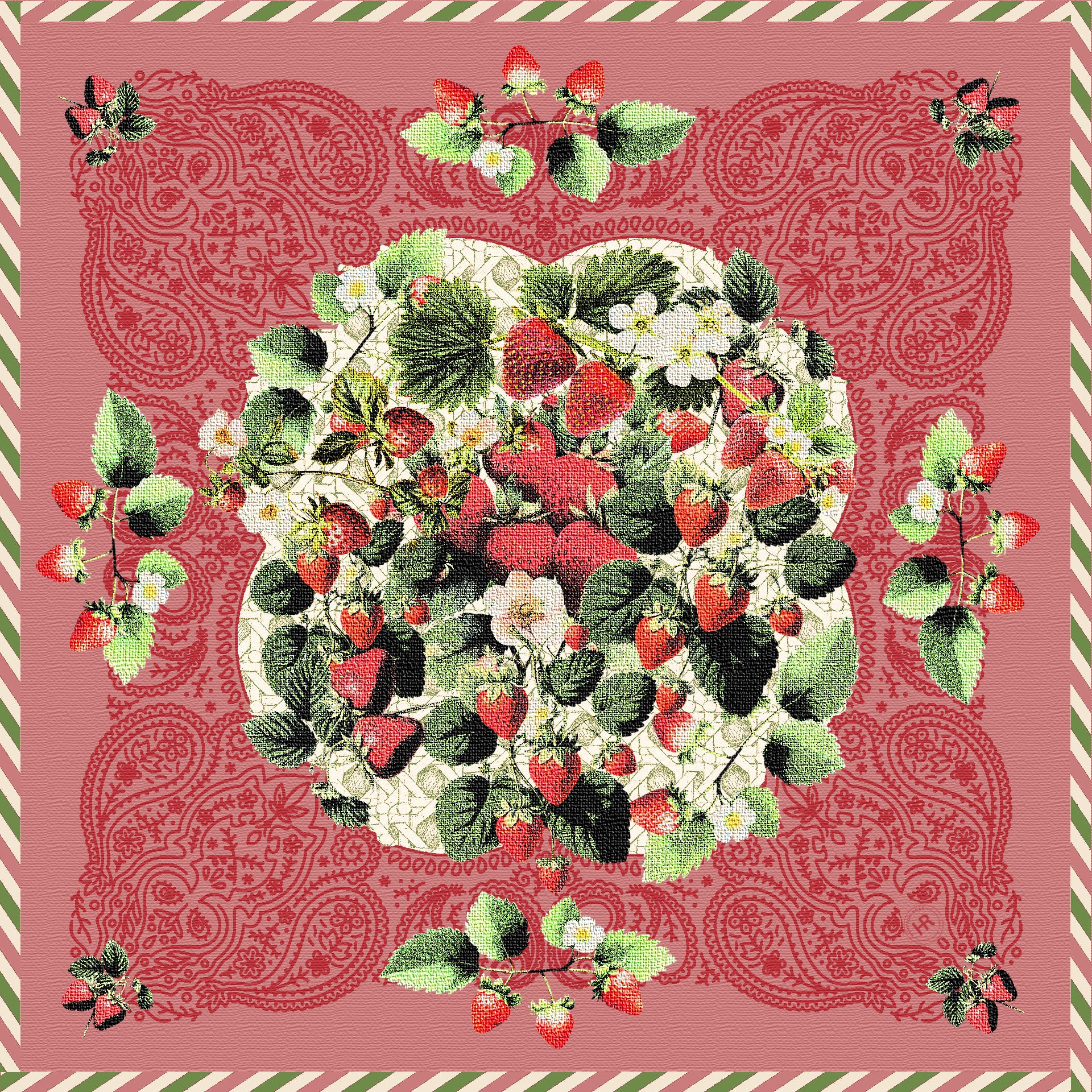 Decorative fabric with strawberry pattern on a red paisley background