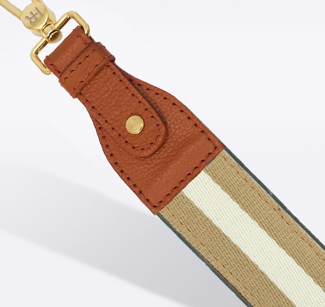 Replacement stripped slim handbag strap with carabiner slide hook in dark  brown and tan brown with 1 width